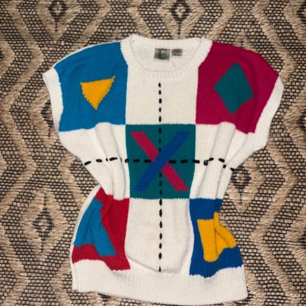 Geometric Colorblock Crewneck Sweater - White/Multi